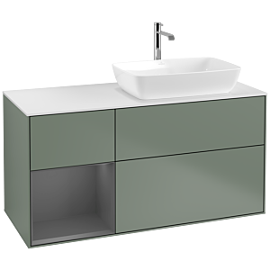 Villeroy et Boch Finion F801GKGM 120cm, plaque de recouvrement blanc mat, étagères laqué mat anthracite, Olive Matt Lacquer