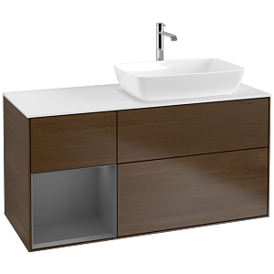 Villeroy und Boch Finion Waschtischunterschrank F801GKGN 120cm, Abdeckplatte white matt, Regale Anthracite matt lacquer, Walnut veneer