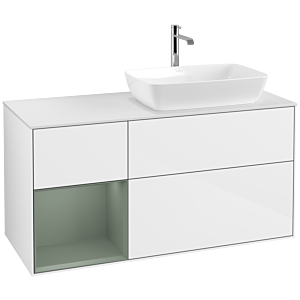 Villeroy et Boch Finion Villeroy et Boch F801GMGF 120cm, plaque de finition blanc mat, étagères laqué olive mat, laqué blanc brillant