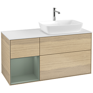 Villeroy und Boch Finion Waschtischunterschrank F801GMPC 120cm, Abdeckplatte white matt, Regale Olive matt lacquer, Oak Veneer