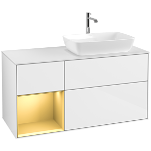Villeroy und Boch Finion Waschtischunterschrank F801HFGF 120cm, Abdeckplatte white matt, Regale Gold matt lacquer, Glossy white lacquer