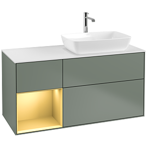 Villeroy und Boch Finion Waschtischunterschrank F801HFGM 120cm, Abdeckplatte white matt, Regale Gold matt lacquer, Olive Matt Lacquer