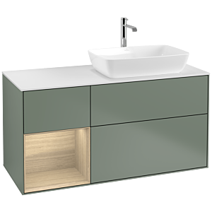 Villeroy und Boch Finion Waschtischunterschrank F801PCGM 120cm, Abdeckplatte white matt, Regale Oak Veneer, Olive Matt Lacquer