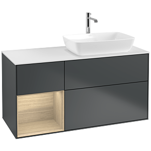 Villeroy und Boch Finion Waschtischunterschrank F801PCHG 120cm, Abdeckplatte white matt, Regale Oak Veneer, Midnight Blue Matt Lacquer