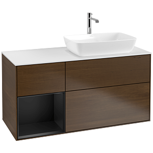 Villeroy und Boch Finion Waschtischunterschrank F801PDGN 120cm, Abdeckplatte white matt, Regale Black matt lacquer, Walnut veneer