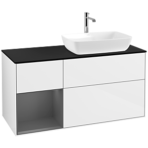 Villeroy und Boch Finion Waschtischunterschrank F802GKGF 120cm, Abdeckplatte black matt, Regale Anthracite matt lacquer, Glossy white lacquer