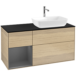 Villeroy und Boch Finion Waschtischunterschrank F802GKPC 120cm, Abdeckplatte black matt, Regale Anthracite matt lacquer, Oak Veneer