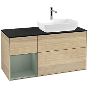 Villeroy und Boch Finion Waschtischunterschrank F802GMPC 120cm, Abdeckplatte black matt, Regale Olive matt lacquer, Oak Veneer