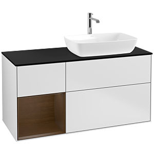 Villeroy und Boch Finion Waschtischunterschrank F802GNMT 120cm, Abdeckplatte black matt, Regale Walnut Veneer, White matt lacquer