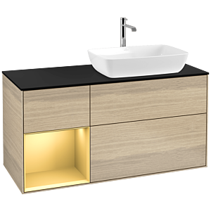 Villeroy und Boch Finion Waschtischunterschrank F802HFPC 120cm, Abdeckplatte black matt, Regale Gold matt lacquer, Oak Veneer