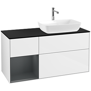 Villeroy und Boch Finion Waschtischunterschrank F802HGGF 120cm, Abdeckplatte black matt, Regale Midnight matt lacquer, Glossy white lacquer