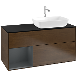 Villeroy und Boch Finion Waschtischunterschrank F802HGGN 120cm, Abdeckplatte black matt, Regale Midnight matt lacquer, Walnut veneer