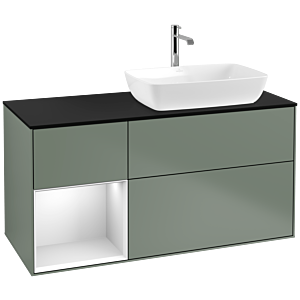 Villeroy und Boch Finion Waschtischunterschrank F802MTGM 120cm, Abdeckplatte black matt, Regale White matt lacquer, Olive Matt Lacquer