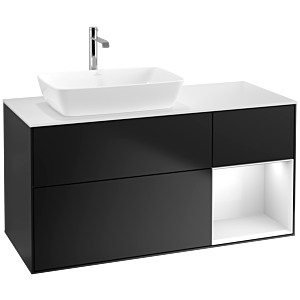 Villeroy und Boch Finion Waschtischunterschrank F811GFPD 120cm, Abdeckplatte white matt, Regale Glossy white lacquer, Black matt lacquer