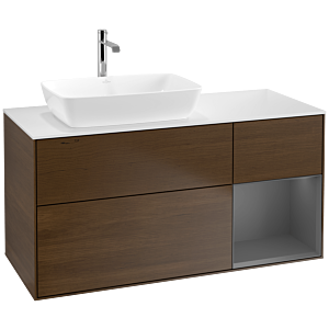 Villeroy und Boch Finion Waschtischunterschrank F811GKGN 120cm, Abdeckplatte white matt, Regale Anthracite matt lacquer, Walnut veneer