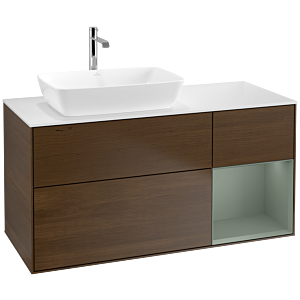 Villeroy und Boch Finion Waschtischunterschrank F811GMGN 120cm, Abdeckplatte white matt, Regale Olive matt lacquer, Walnut veneer