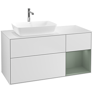 Villeroy et Boch Finion Villeroy et Boch F811GMMT 120cm, plaque de recouvrement blanc mat, étagères laqué olive mat, laqué blanc mat