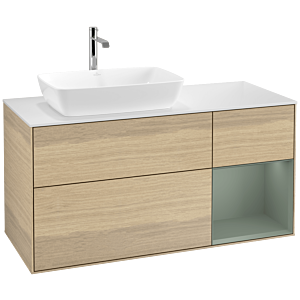 Villeroy und Boch Finion Waschtischunterschrank F811GMPC 120cm, Abdeckplatte white matt, Regale Olive matt lacquer, Oak Veneer