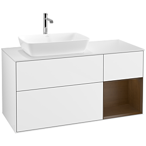 Villeroy und Boch Finion Waschtischunterschrank F811GNGF 120cm, Abdeckplatte white matt, Regale Walnut Veneer, Glossy white lacquer