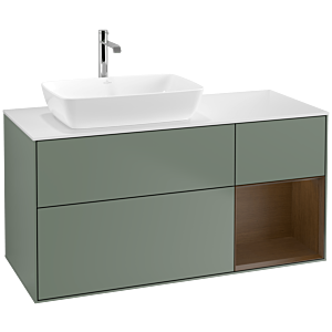 Villeroy und Boch Finion Waschtischunterschrank F811GNGM 120cm, Abdeckplatte white matt, Regale Walnut Veneer, Olive Matt Lacquer