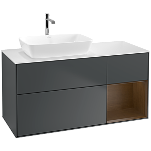 Villeroy und Boch Finion Waschtischunterschrank F811GNHG 120cm, Abdeckplatte white matt, Regale Walnut Veneer, Midnight Blue Matt Lacquer
