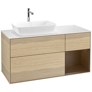 Villeroy und Boch Finion Waschtischunterschrank F811GNPC 120cm, Abdeckplatte white matt, Regale Walnut Veneer, Oak Veneer