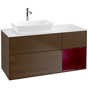 Villeroy und Boch Finion Waschtischunterschrank F811HBGN 120cm, Abdeckplatte white matt, Regale Peony matt lacquer, Walnut veneer