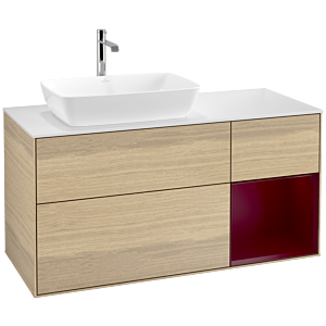 Villeroy et Boch Finion Villeroy et Boch F811HBPC 120cm, plaque de recouvrement blanc mat, étagères Peony laqué mat, Oak Veneer