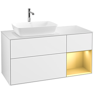 Villeroy et Boch Finion Villeroy et Boch F811HFGF 120cm, plaque de recouvrement blanc mat, étagères laqué or mat, laqué blanc brillant
