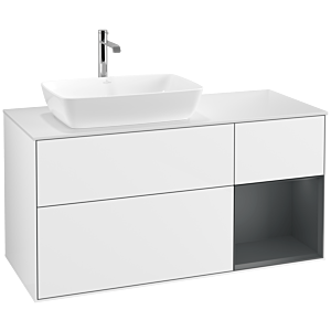 Villeroy und Boch Finion Waschtischunterschrank F811HGGF 120cm, Abdeckplatte white matt, Regale Midnight matt lacquer, Glossy white lacquer
