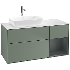 Villeroy und Boch Finion Waschtischunterschrank F811HGGM 120cm, Abdeckplatte white matt, Regale Midnight matt lacquer, Olive Matt Lacquer