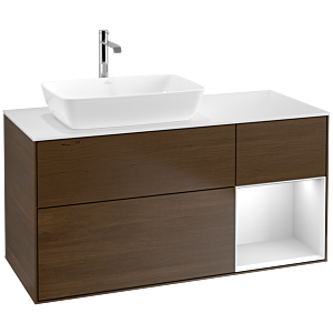 Villeroy et Boch Finion Villeroy et Boch F811MTGN 120cm, plaque de recouvrement blanc mat, étagères laqué blanc mat, placage noyer