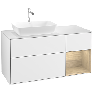 Villeroy und Boch Finion Waschtischunterschrank F811PCGF 120cm, Abdeckplatte white matt, Regale Oak Veneer, Glossy white lacquer