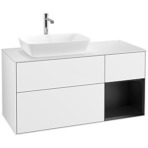 Villeroy und Boch Finion Waschtischunterschrank F811PDGF 120cm, Abdeckplatte white matt, Regale Black matt lacquer, Glossy white lacquer