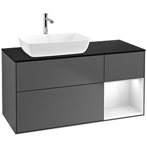 Villeroy und Boch Finion Waschtischunterschrank F812GFGK 120cm, Abdeckplatte black matt, Regale Glossy white lacquer, Anthracite matt