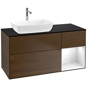 Villeroy und Boch Finion Waschtischunterschrank F812GFGN 120cm, Abdeckplatte black matt, Regale Glossy white lacquer, Walnut veneer