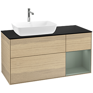 Villeroy und Boch Finion Waschtischunterschrank F812GMPC 120cm, Abdeckplatte black matt, Regale Olive matt lacquer, Oak Veneer