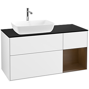 Villeroy und Boch Finion Waschtischunterschrank F812GNGF 120cm, Abdeckplatte black matt, Regale Walnut Veneer, Glossy white lacquer