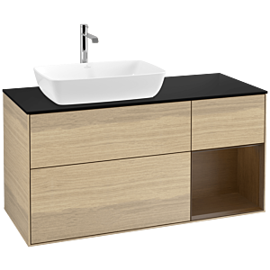 Villeroy und Boch Finion Waschtischunterschrank F812GNPC 120cm, Abdeckplatte black matt, Regale Walnut Veneer, Oak Veneer