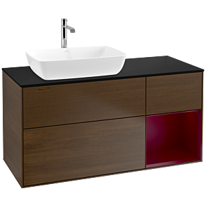 Villeroy und Boch Finion Waschtischunterschrank F812HBGN 120cm, Abdeckplatte black matt, Regale Peony matt lacquer, Walnut veneer