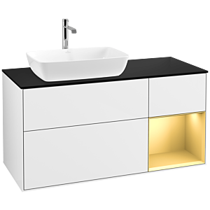 Villeroy und Boch Finion Waschtischunterschrank F812HFGF 120cm, Abdeckplatte black matt, Regale Gold matt lacquer, Glossy white lacquer
