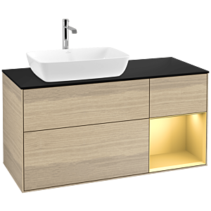 Villeroy und Boch Finion Waschtischunterschrank F812HFPC 120cm, Abdeckplatte black matt, Regale Gold matt lacquer, Oak Veneer