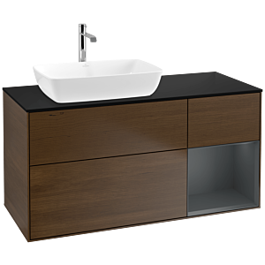 Villeroy und Boch Finion Waschtischunterschrank F812HGGN 120cm, Abdeckplatte black matt, Regale Midnight matt lacquer, Walnut veneer