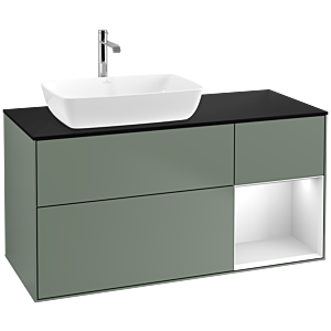 Villeroy und Boch Finion Waschtischunterschrank F812MTGM 120cm, Abdeckplatte black matt, Regale White matt lacquer, Olive Matt Lacquer