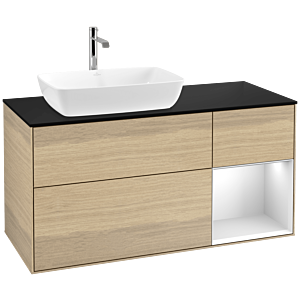 Villeroy und Boch Finion Waschtischunterschrank F812MTPC 120cm, Abdeckplatte black matt, Regale White matt lacquer, Oak Veneer