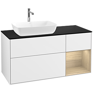 Villeroy und Boch Finion Waschtischunterschrank F812PCGF 120cm, Abdeckplatte black matt, Regale Oak Veneer, Glossy white lacquer