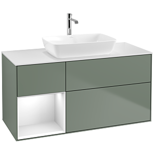 Villeroy und Boch Finion Waschtischunterschrank F821GFGM 120cm, Abdeckplatte white matt, Regale Glossy white lacquer, Olive Matt Lacquer