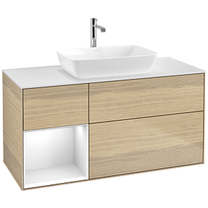 Villeroy und Boch Finion Waschtischunterschrank F821GFPC 120cm, Abdeckplatte white matt, Regale Glossy white lacquer, Oak Veneer
