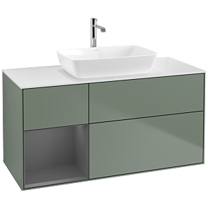 Villeroy und Boch Finion Waschtischunterschrank F821GKGM 120cm, Abdeckplatte white matt, Regale Anthracite matt lacquer, Olive Matt Lacquer