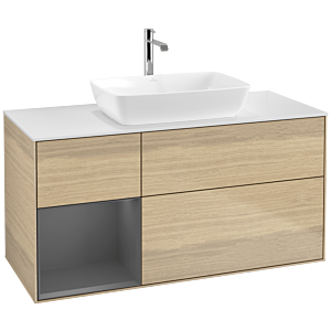 Villeroy und Boch Finion Waschtischunterschrank F821GKPC 120cm, Abdeckplatte white matt, Regale Anthracite matt lacquer, Oak Veneer